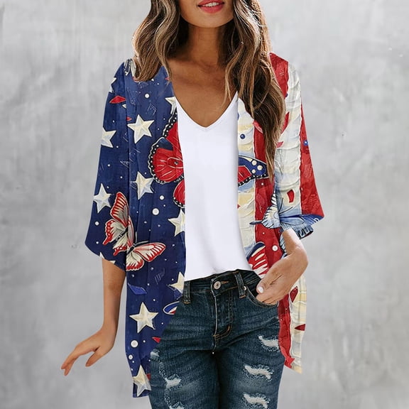 UVEASISHA Vacation Cardigan for Women,Women's Summer Beach American Flag Chiffon Kimono Cardigans Sheer Open Front Cover Ups Tops Dressy Hawaiian Vacation 2025 Sales Today of The Day,Blue,L