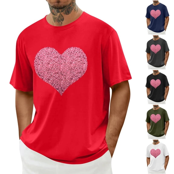 UVEASISHA Valentines Day Shirts for Men Short Sleeve Crewneck Heart Graphic Tees Regular Fit Casual Vacation T-Shirts Holiday Pullover Shirt Black M