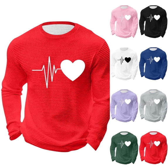 UVEASISHA Valentines Day Waffle Knit Shirts for Men Long Sleeve Heart Graphic Tees Big and Tall Casual Regular Fit T-Shirts Holiday Gifts Red L