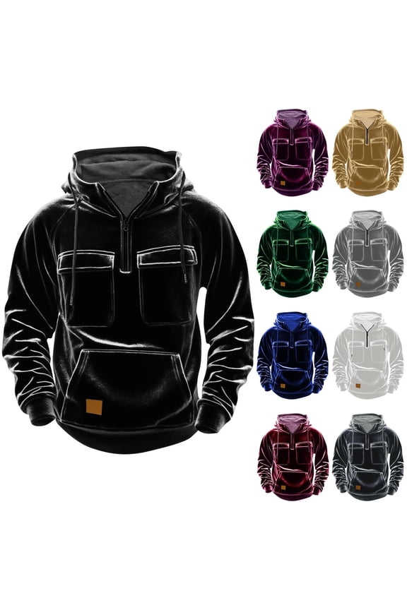 Velvet Hoodies for Men Quarter Zip Hooded Sweatshirt Drawstring Long Sleeve Pullover Tops Multi Pocket Fashion Velour Hoodie Dark Blue XL