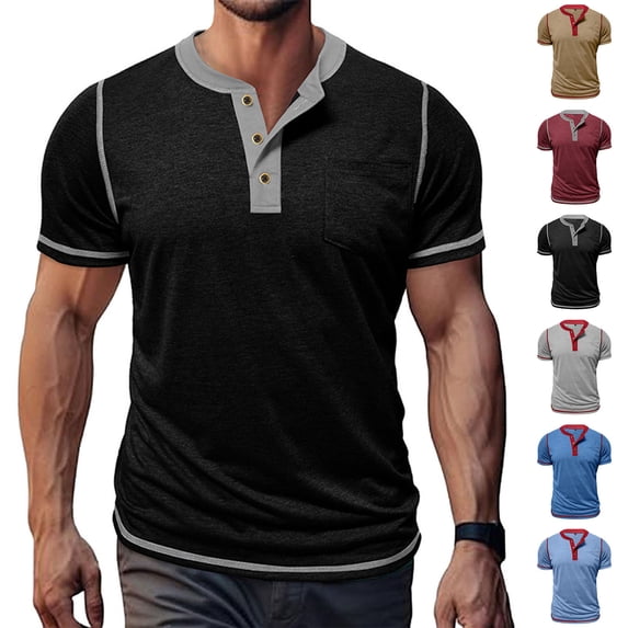 UVEASISHA Vintage Henley Shirts for Men 3 Button Collar Short Sleeve T-Shirt Color Block Casual Summer Tops Regular Fit Workout Shirt Khaki XL