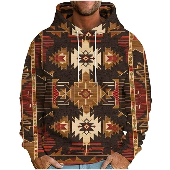 UVEASISHA Vintage Hoodies for Men Western Aztec Ethnic Style Print Hooded Sweatshirt Fall Casual Long Sleeve Drawstring Pullovers with Pocket,Brown,XL