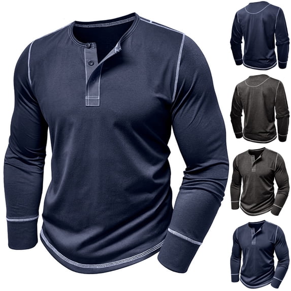 UVEASISHA Vintage Long Sleeve T Shirts for Men Button Up Casual Henley Shirt Solid Color Basic Tee Cotton Soft Athletic Tops Dark Blue L