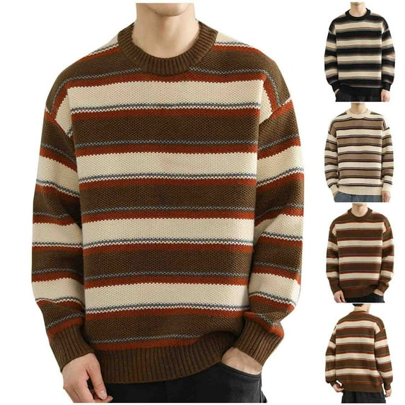 UVEASISHA Vintage Striped Sweaters for Men Ribbed Knit Casual Color Block Pullover Sweater Soft Comfy Crewneck Jumper Tops 2025 Fall Lightweight Knitted Shirts Christmas Sales Today Coffee XL