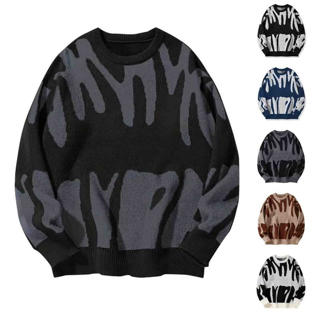 UVEASISHA Vintage Sweaters for Men Casual Crewneck Oversized Pullover Tops Y2K Flame Graphic Knitted Sweater Drop Shoulder Long Sleeve Jumpers Lightning Deals of Today,White,2XL