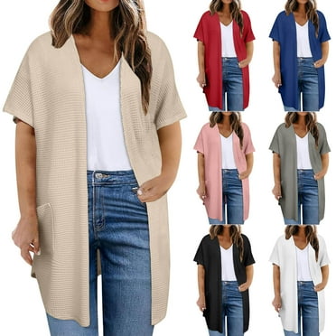 UVEASISHA Waffle Knit Cardigans for Women Loose Comfy Open Cardigan Sweaters Short Sleeve Plus Size Solid Casual Kimonos Black XXL
