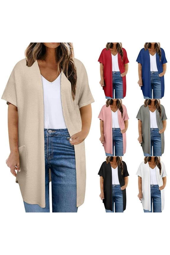 Waffle Knit Cardigans for Women Loose Comfy Open Cardigan Sweaters Short Sleeve Plus Size Solid Casual Kimonos Black XXXXXL
