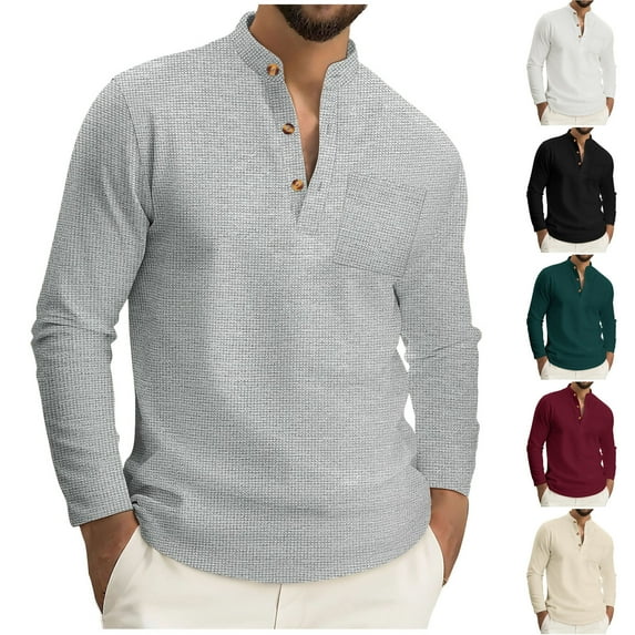 UVEASISHA Waffle Knit Henley Shirts for Men Button Up Stand Collar Long Sleeve T-Shirt Chest Pocket Casual Solid Color Pullover Tops Gray L