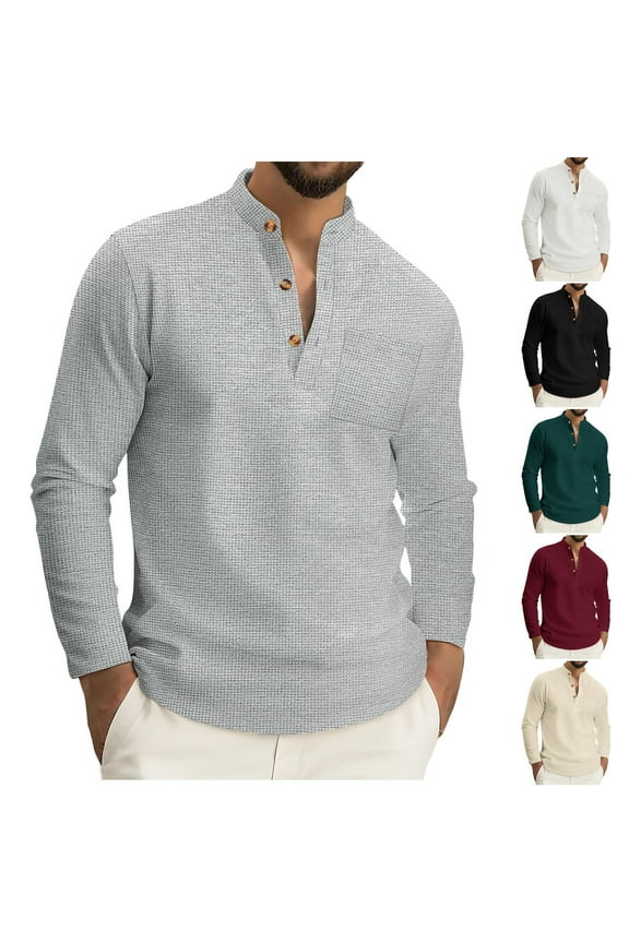 Waffle Knit Henley Shirts for Men Button Up Stand Collar Long Sleeve T-Shirt Chest Pocket Casual Solid Color Pullover Tops Khaki XL
