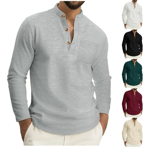 UVEASISHA Waffle Knit Henley Shirts for Men Button Up Stand Collar Long Sleeve T-Shirt Chest Pocket Casual Solid Color Pullover Tops Wine XXL