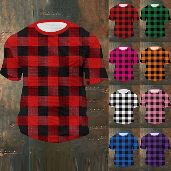 UVEASISHA Waffle Knit Mens T Shirts Short Sleeve Crewneck Plaid Graphic Tees Big and Tall Casual Loose Tshirt Summer Fashion Pullover Shirt Blue 4XL