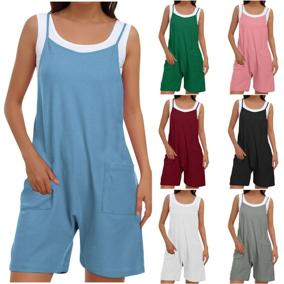 UVEASISHA Waffle Knit Rompers for Women Sleeveless Adjustable Spaghetti Strap Shorts Jumpsuits Casual Summer Beach Vacation Outfits Green M