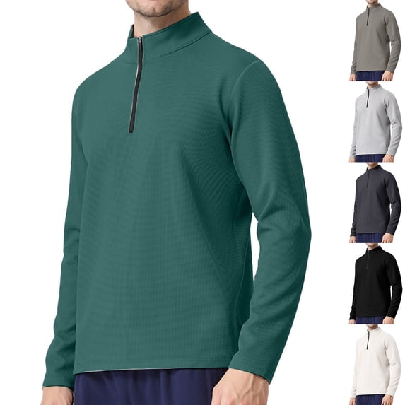 UVEASISHA Waffle Knit Shirt for Men Long Sleeve Quarter Zip Mock Neck Pullover Outdoor Sports Running T-Shirt Solid Color Athletic Tops Dark Gray L