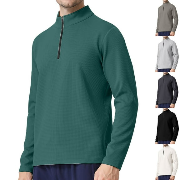 UVEASISHA Waffle Knit Shirt for Men Long Sleeve Quarter Zip Mock Neck Pullover Outdoor Sports Running T-Shirt Solid Color Athletic Tops Multicolor L