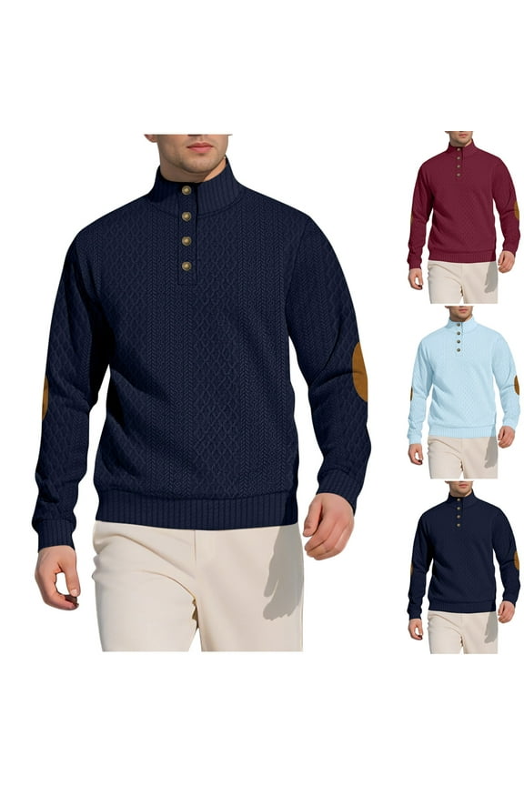 Waffle Knit Shirts for Men Quarter Button Stand Up Collar Sweatshirt Elbow Patches Long Sleeve Pullover Tops Fall Fashion Clothes Light Blue XL