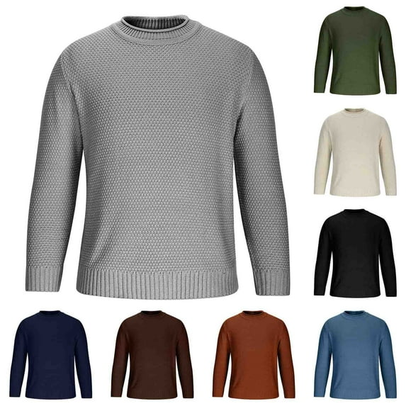 UVEASISHA Waffle Knit Sweater for Men Long Sleeve Crewneck Knitted Shirt Solid Color Casual Pullover Sweaters Fall Fashion Streetwear Shirts Brown M