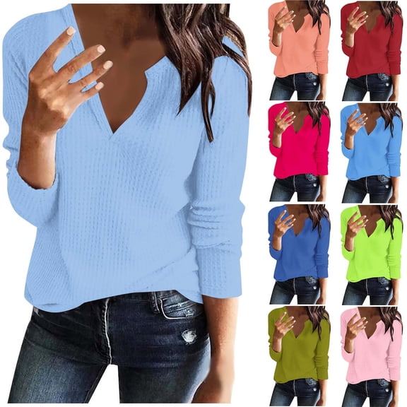 UVEASISHA Waffle Knit Tops for Women Long Sleeve Regular Fit V Neck Pullover Sweater Dressy Casual Business Blouse Dark Blue S