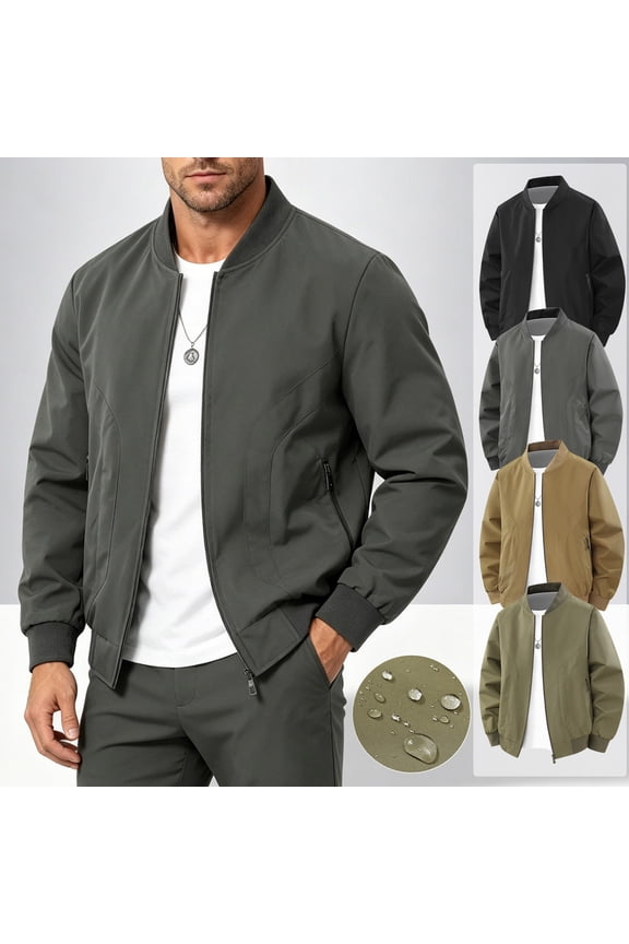 Waterproof Bomber Jackets for Men Fall Winter Fashion Windbreakers Ribbed Cuffs Collar Full Zip Jacket Business Casual Lightweight Outerwear Black M