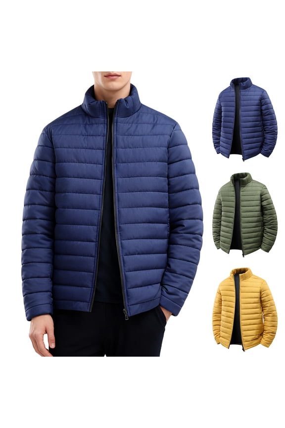 Waterproof Winter Coats for Men Lightweight Puffer Jackets Full Zip Stand Collar Padded Coat Windproof Warm Quilted Jacket with Pockets Dark Blue XL