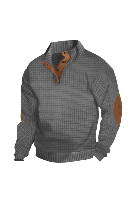 Western Aztec Pullover Men Waffle Knit Button Stand Collar Sweatshirts Casual Cowboys Elbow Patch Long Sleeve Henley Shirt,Gray,3XL
