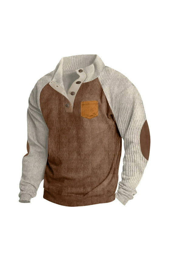 Western Cowboy Sweatshirts for Men Casual Corduroy Button Collar Pullover Elbow Patches Raglan Long Sleeve Henley Sweatshirt Brown M