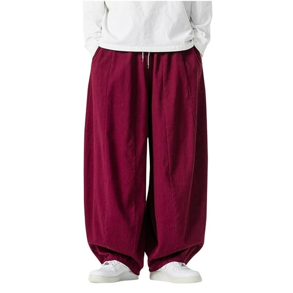 UVEASISHA Wide Leg Pants for Men Elastic Waist Drawstring Palazzo Trousers Baggy Casual Streetwear Pants Wine XXL