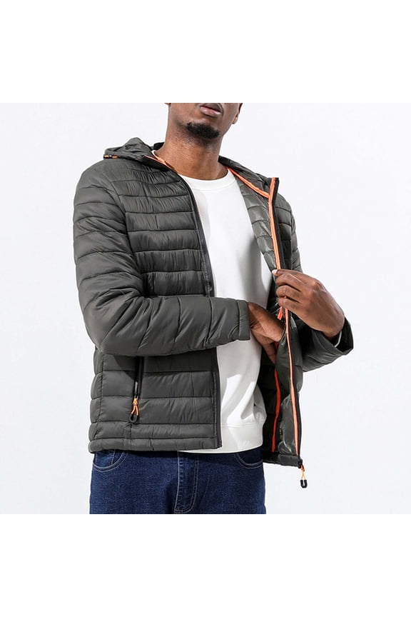 Winter Coats for Men Big and Tall Packable Puffer Jackets Contrast Collar Full Zip Hooded Parkas Lightweight Quilted Jacket with Zipper Pockets Army Green 5XL