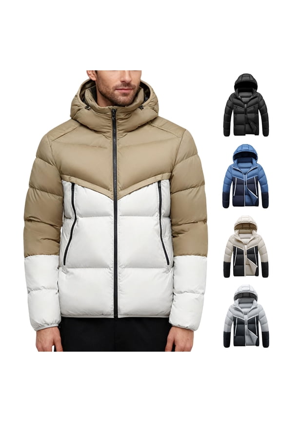 Down Winter Coats for Men Windproof Insulated Puffer Jackets Full Zip Hooded Quilted Jacket Thick Warm Casual Parkas Outerwear with Pockets Beige L