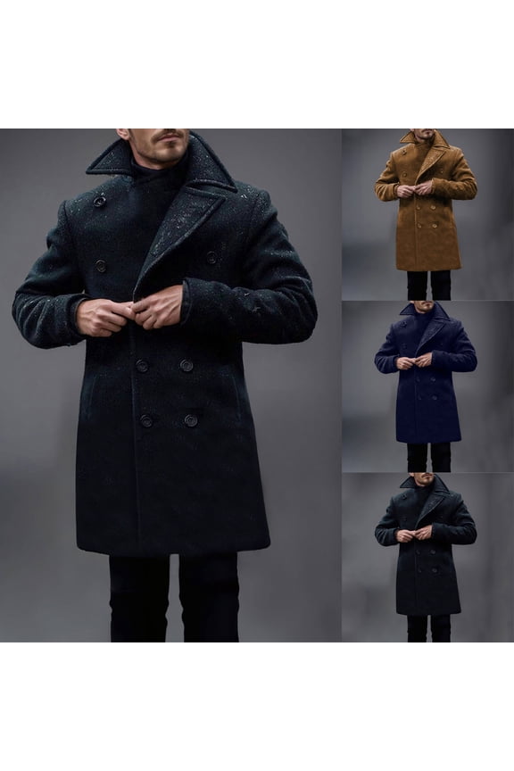 Winter Coats for Men Wool Blend Casual Long Trench Coat Lapel Collar Double Breasted Peacoat Thicken Warm Windbreaker Jacket with Pockets Navy XS