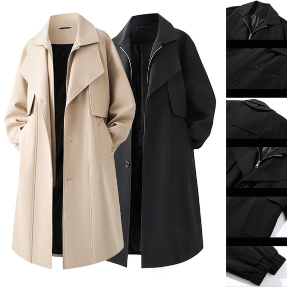 UVEASISHA Winter Pea Coats for Men Wool Blend Casual Long Trench Coat Mid Length Zip Up Lapel Overcoat Thick Warm Fashion Jackets with Pockets Black L