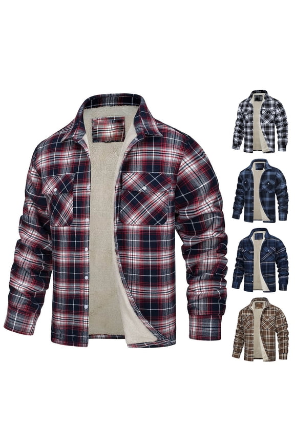 Winter Plaid Jacket Men Sherpa Lined Warm Shacket Jacket Big and Tall Casual Button Down Shirt Jackets Thicken Thermal Outerwear with Pockets Black M