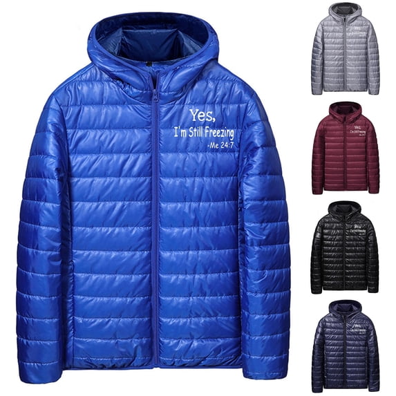 UVEASISHA Winter Puffer Jackets for Men Fashion Yes I'm Still Freezing Print Hooded Jacket Full Zip Windproof Down Coats Lightweight Quilted Jacket with Pockets Navy M