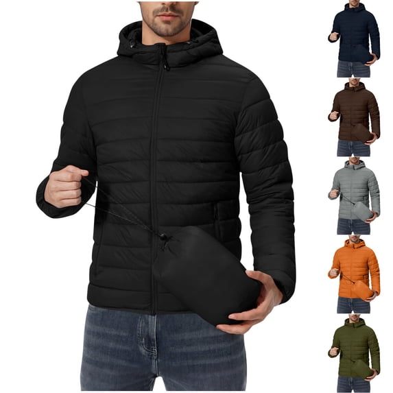 UVEASISHA Winter Ski Jackets for Men Packable Hooded Puffer Jacket Outdoor Waterproof Hiking Down Coats Slim Fit Casual Warm Outerwear with Pockets Dark Blue M