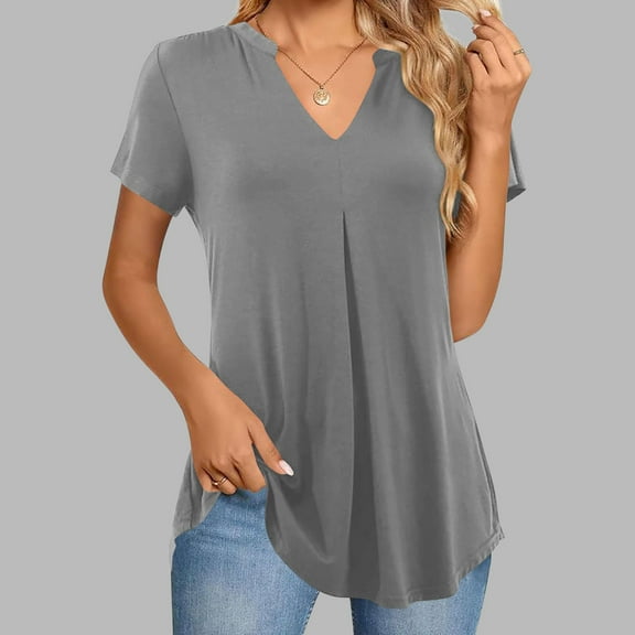 UVEASISHA Women Babydoll Tops V Neck Short Sleeve Peplum Tunic T Shirt Casual Loose Pleated Blouse Gray M