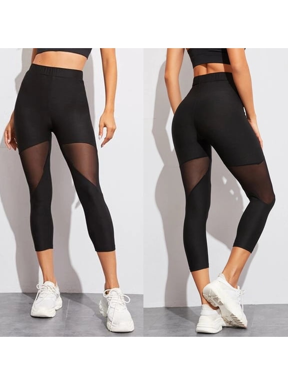 Women High Waisted Capri Leggings Sheer Mesh Panel Breathable Yoga Pants Tummy Control Butt Lifting Workout Cropped Trousers Black S