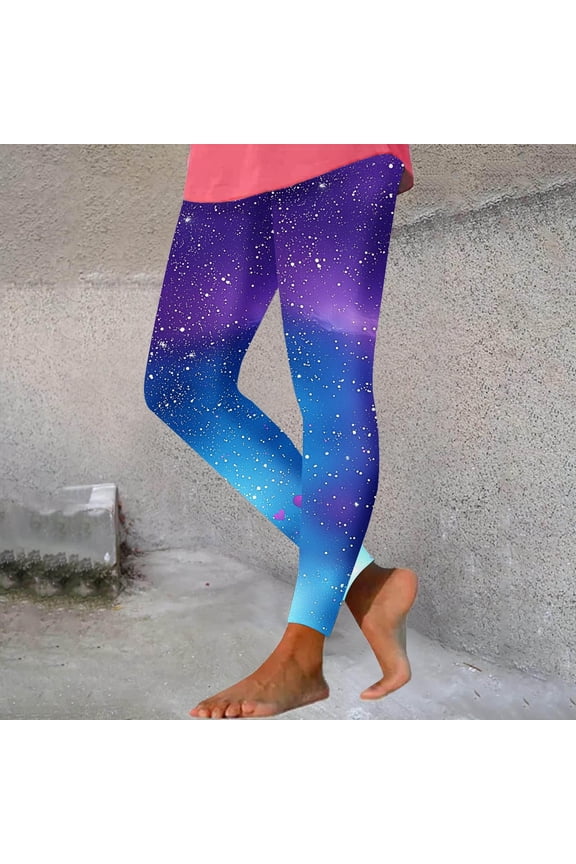 UVEASISHA Women High Waisted Leggings Galaxy Heart Printed Yoga Pants Breathable Elastic Casual Trousers Cute Space Tights for Daily Wear Blue XXL