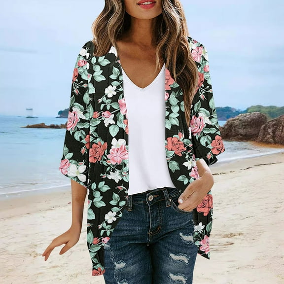 UVEASISHA Women Kimono Cover Up Womens Chiffon Cardigan Tops Summer Casual Beach Kimono Swimsuit Coverup Open Front Floral Print Half Sleeve Blouse Black 2XL
