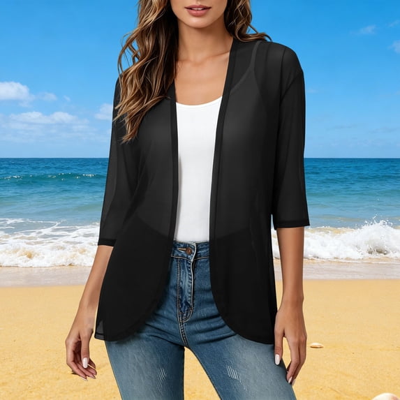 UVEASISHA Women Kimonos Open Front 3/4 Sleeve Lightweight Sweaters Summer Sun Protection Casual Bolero Shrugs Black S