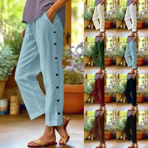 UVEASISHA Women Linen Palazzo Pants Summer Boho Wide Leg High Waist Casual Lounge Pants Beach Travel Vacation Outfits Black L