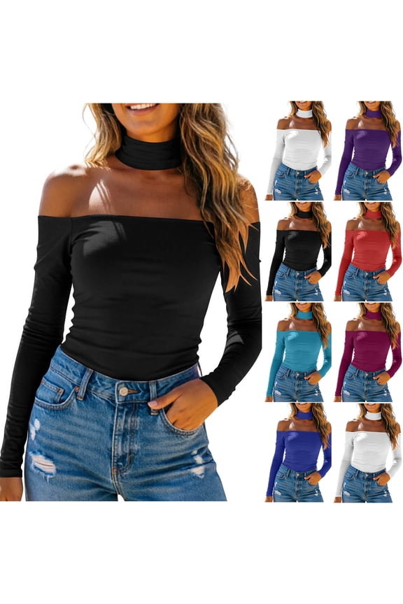 UVEASISHA Women Off Shoulder Crop Tops with Detachable Choker 2 in 1 Built in Bra Long Sleeve Shirts Slim Fit Y2K Going Out Padded Tees Black XL