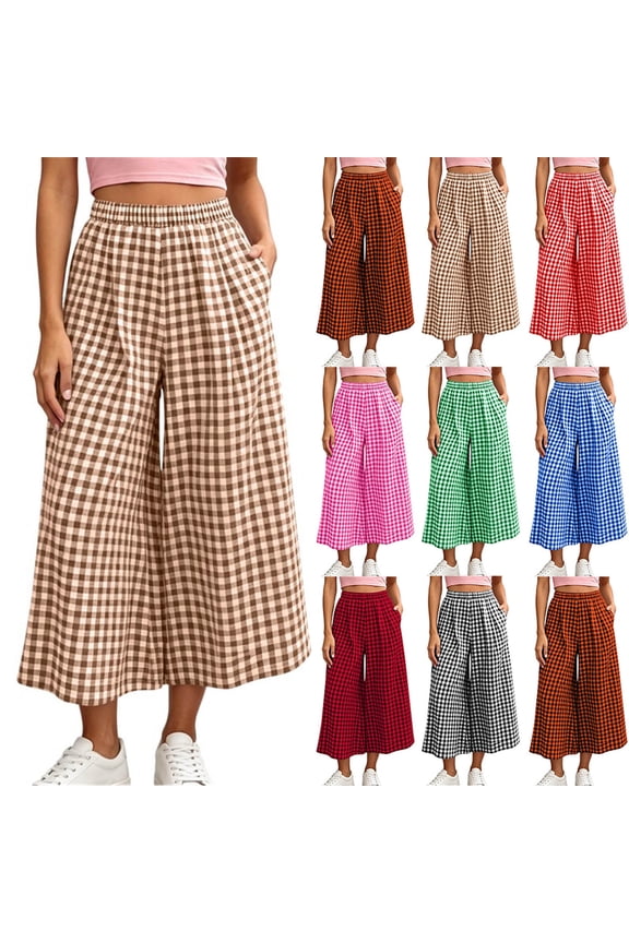 UVEASISHA Women Plaid Wide Leg Culottes with Pockets High Waist Elastic Cropped Trousers Casual Vintage Gingham Pants Hot Pink XL