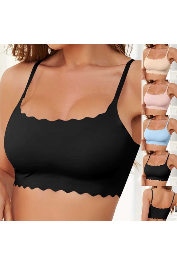 UVEASISHA Women Scalloped Seamless Wirefree Bra Thin Adjustable Strap Cami Bralette Smooth Invisible Comfort Everyday Lounge Bras Blue S