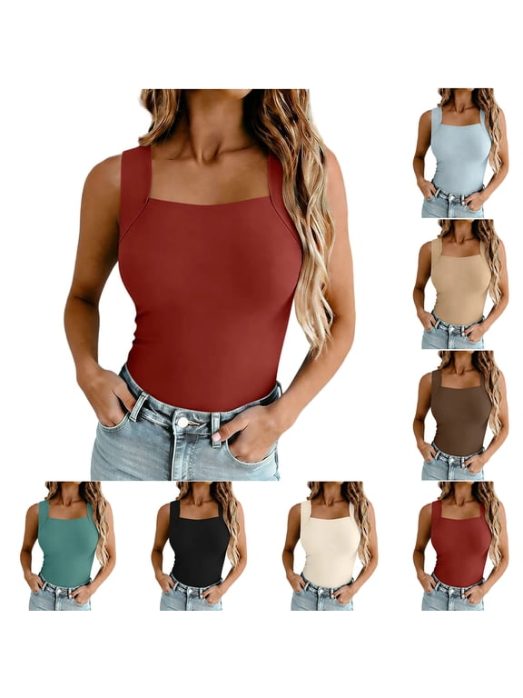 Women Square Neck Tank Tops With Built In Bra Wide Strap Padded Wireless Sleeveless Tops Slim Fit Summer Shirts Coffee XXL
