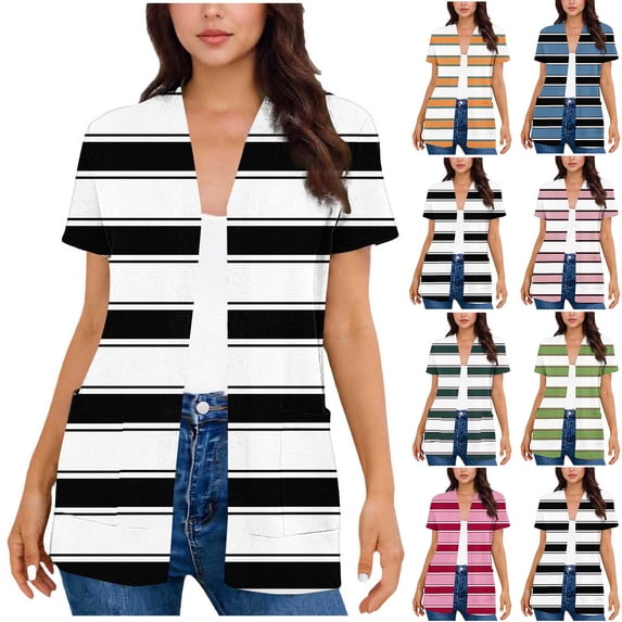 UVEASISHA Women Striped Short Sleeve Cardigan Open Front V Neck Casual Duster Soft Lightweight Outerwear with Pockets for Spring Summer Hot Pink M
