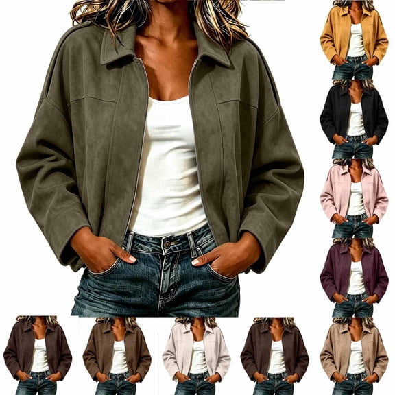 UVEASISHA Women Suede Jacket Zip Up Cropped Bomber Jackets Long Sleeve Oversized Short Coat Lapel Collar Casual Fall Spring Outerwear Army Green S