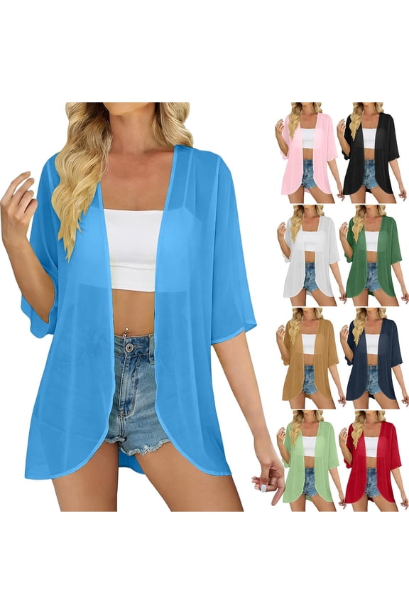 UVEASISHA Women Summer Cardigans 3/4 Sleeve Open Front Cardigan Lightweight Sheer Chiffon Shrug Summer Sun Protection Kimono Cardigan Blue S