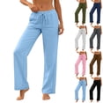 thumbnail image 1 of UVEASISHA Women Summer Slacks Cotton Linen Straight Leg Pants Elastic Waist Drawstring Comfy Trousers Breathable Beach Vacation Pants with Pockets Brown XL, 1 of 8
