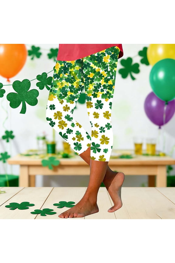 UVEASISHA Women's Athletic Leggings St Patricks Day Colorful Shamrock Clover Leaves Printed Capri High Waisted Tummy Control Butt Lifting Gym TightsGreen#13XL