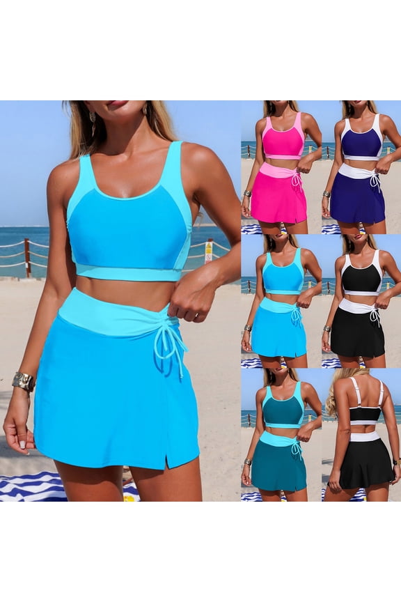 UVEASISHA Women's Athletic Swimsuits Adjustable Strap Sporty Bras Drawstring Golf Skirt Swimwear Tummy Control Color Block Bathing Suits with Pockets Sky Blue M