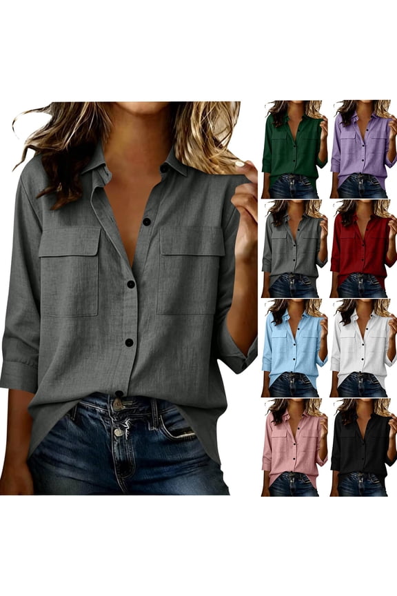 UVEASISHA Women's Button Down Shirt 3/4 Sleeve Collared Blouse Pocket Front Cotton Linen Tops Loose Fit Casual Work Wear Pink M